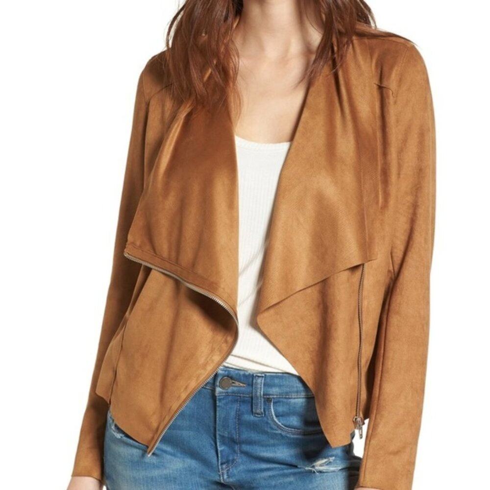 BlankNYC Faux Suede Drape Front Full Zip Lightweight Jacket Camel Brown Tan XS